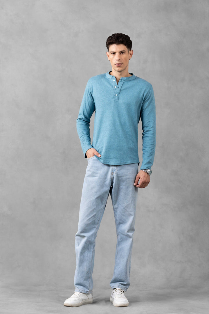 Green Full Sleeve Self Design Henley T-Shirt
