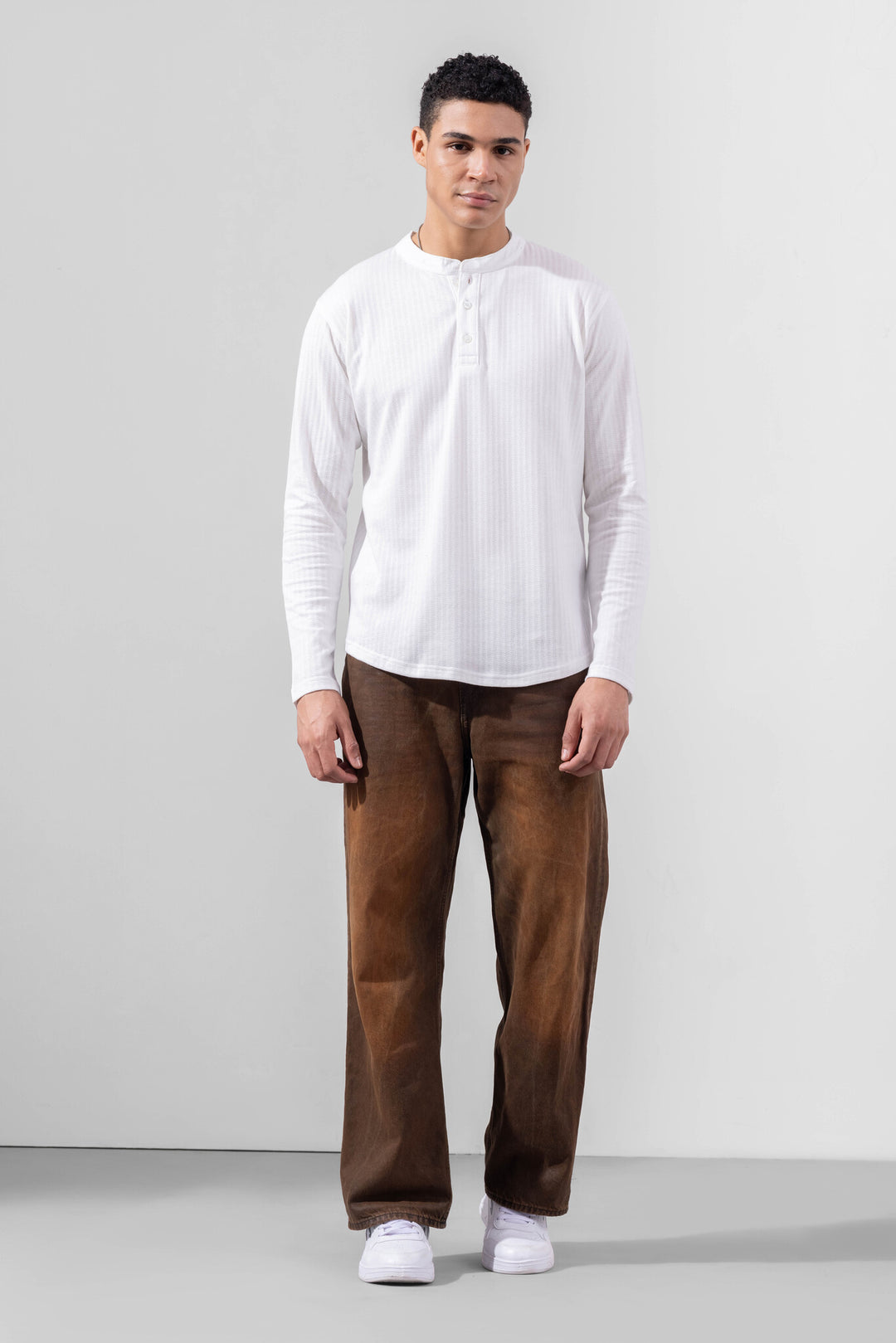White Full Sleeve Self Design Henley T-Shirt
