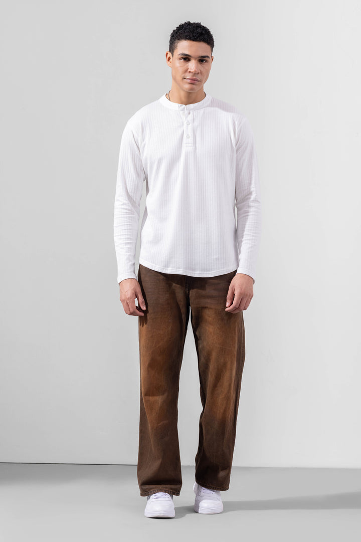 White Full Sleeve Self Design Henley T-Shirt