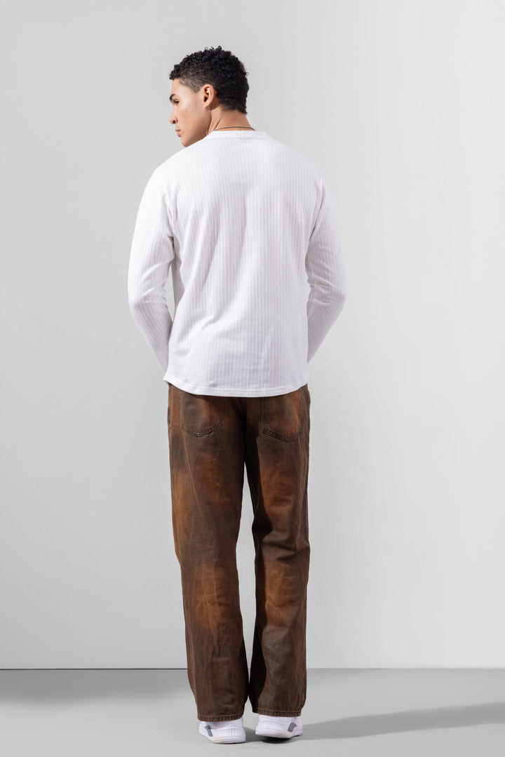 White Full Sleeve Self Design Henley T-Shirt