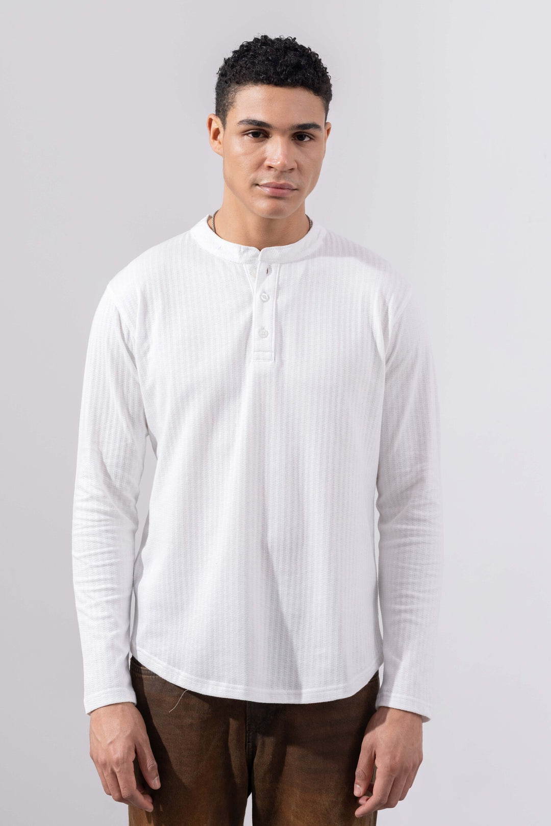 White Full Sleeve Self Design Henley T-Shirt