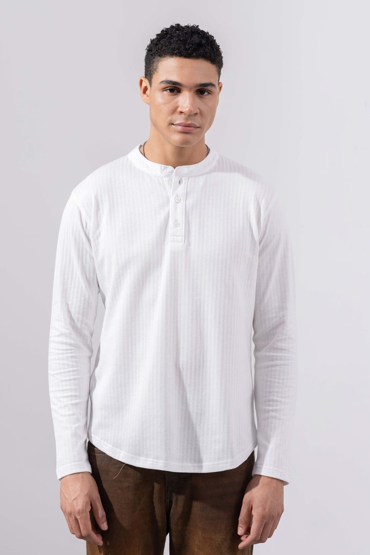 White Full Sleeve Self Design Henley T-Shirt