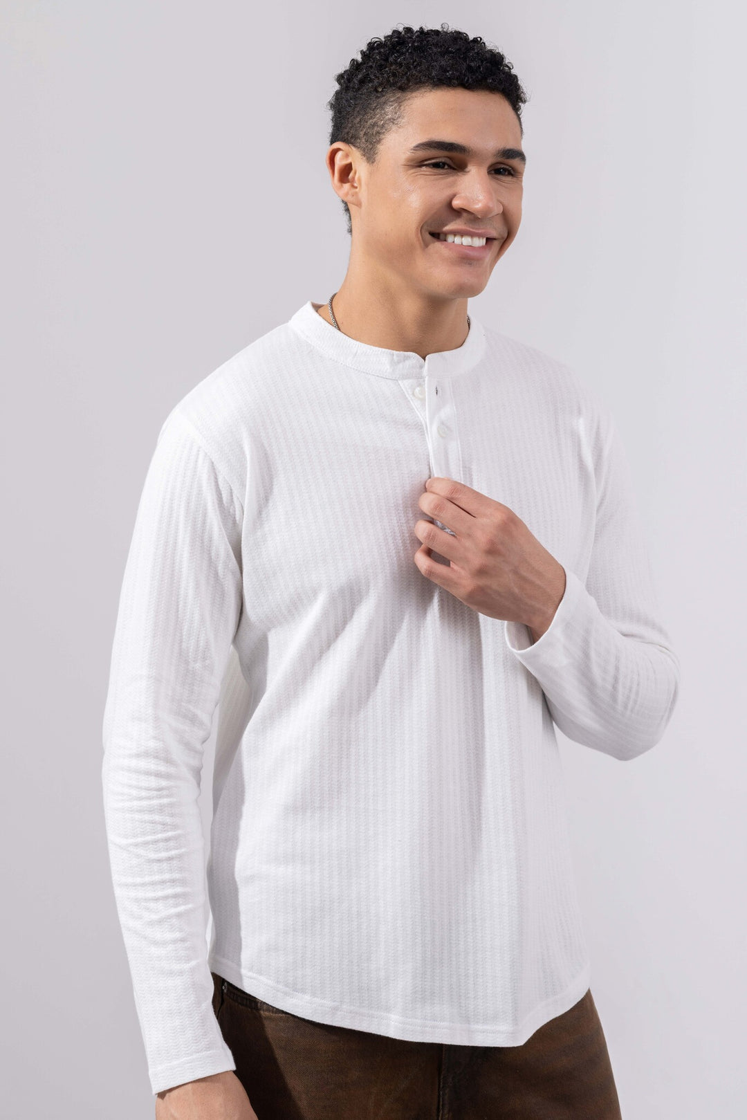 White Full Sleeve Self Design Henley T-Shirt