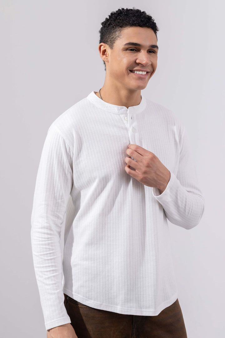 White Full Sleeve Self Design Henley T-Shirt