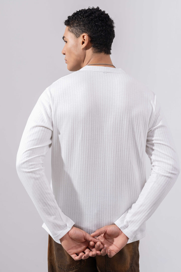 White Full Sleeve Self Design Henley T-Shirt