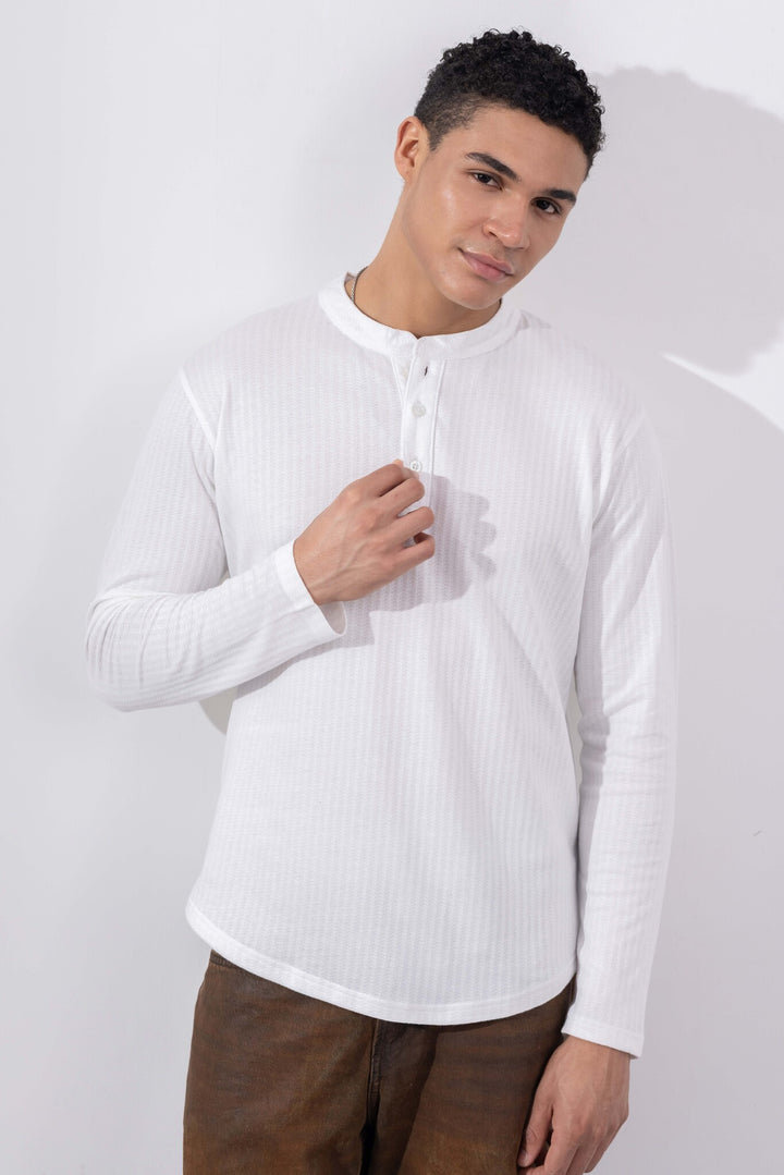 White Full Sleeve Self Design Henley T-Shirt