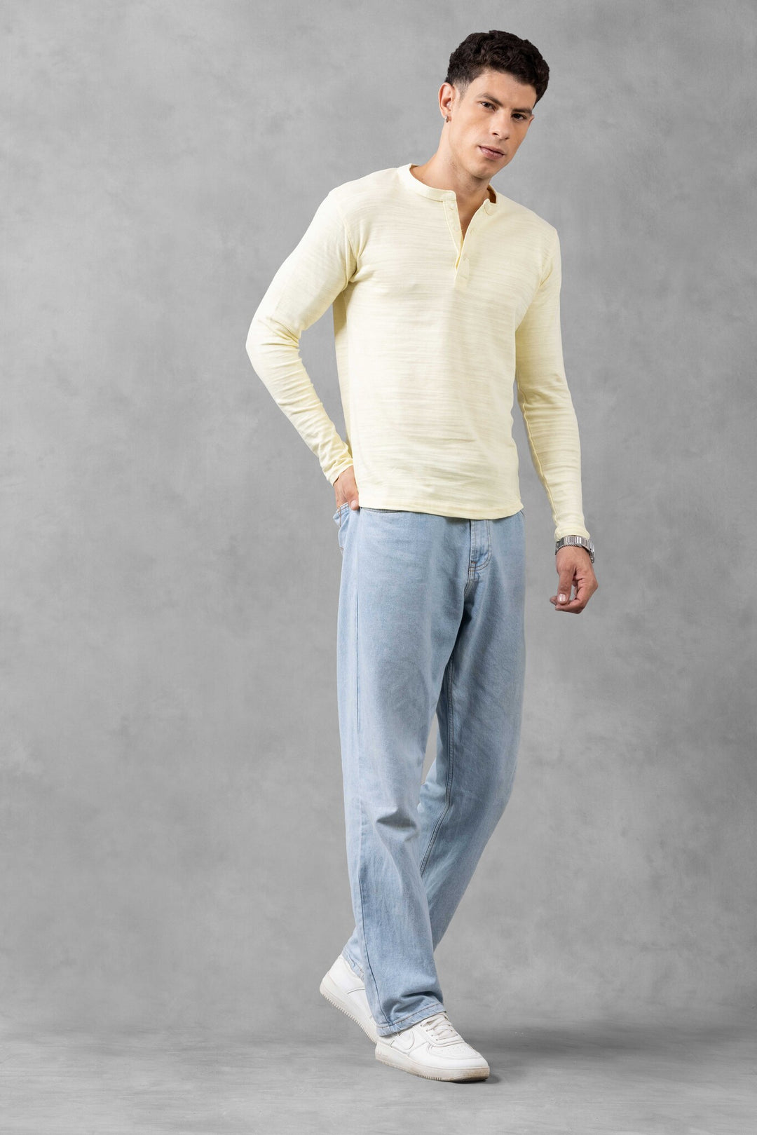 Yellow Self Design Henley Neck T-Shirt