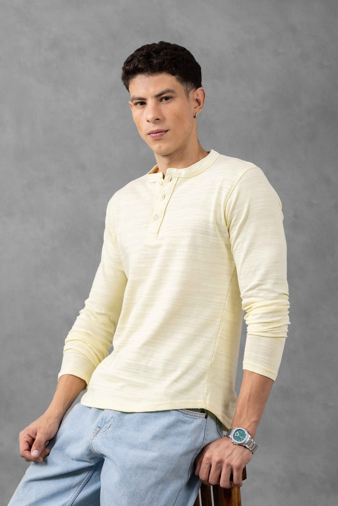 Yellow Self Design Henley Neck T-Shirt