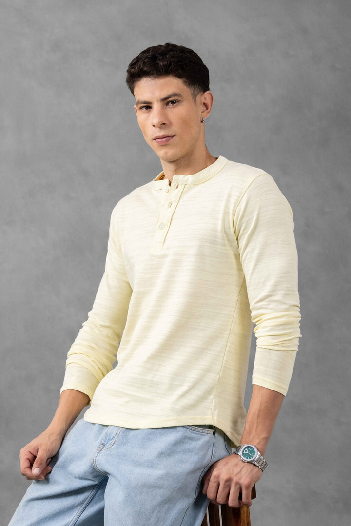 Yellow Self Design Henley Neck T-Shirt