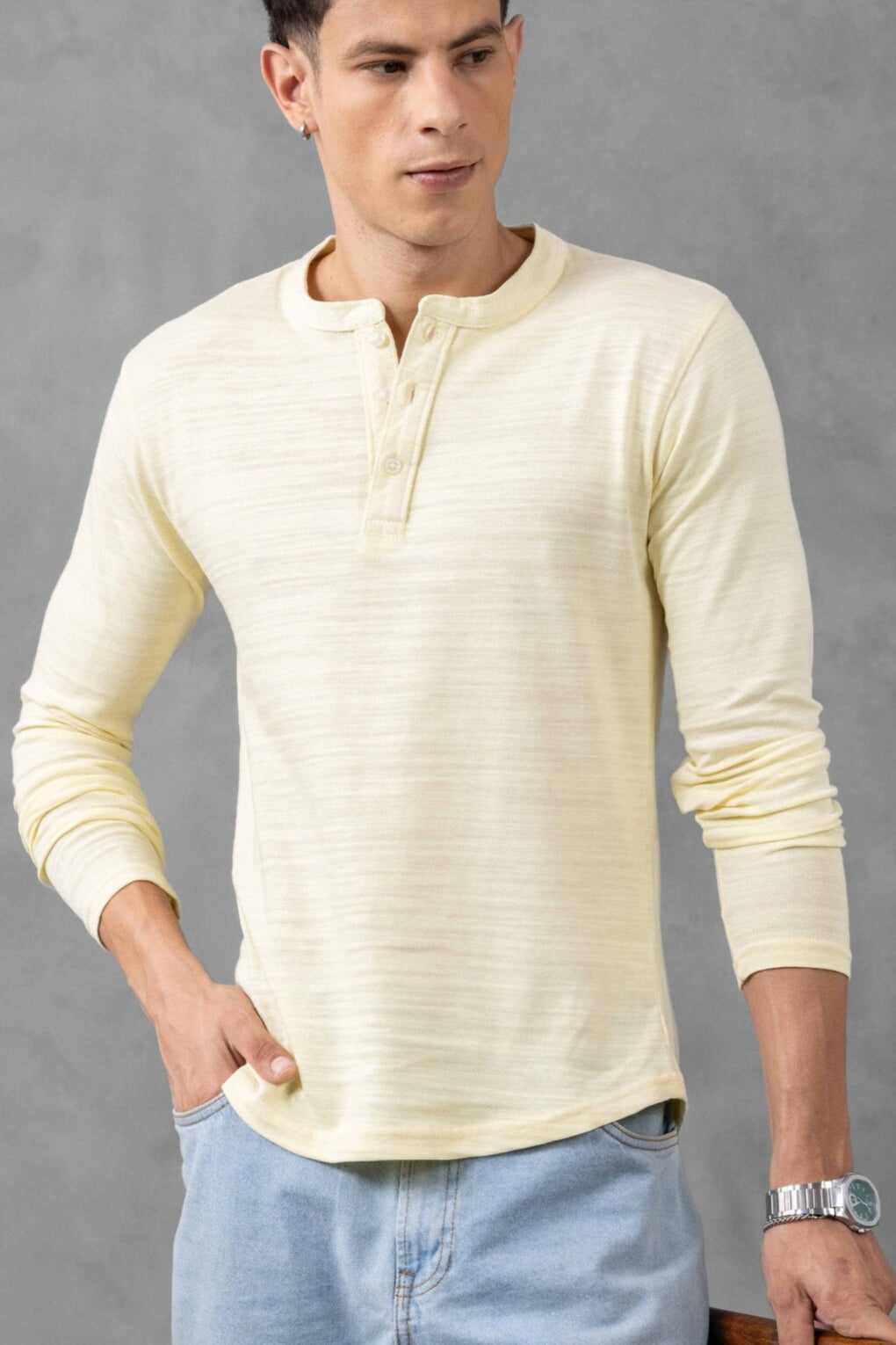 Yellow Self Design Henley Neck T-Shirt