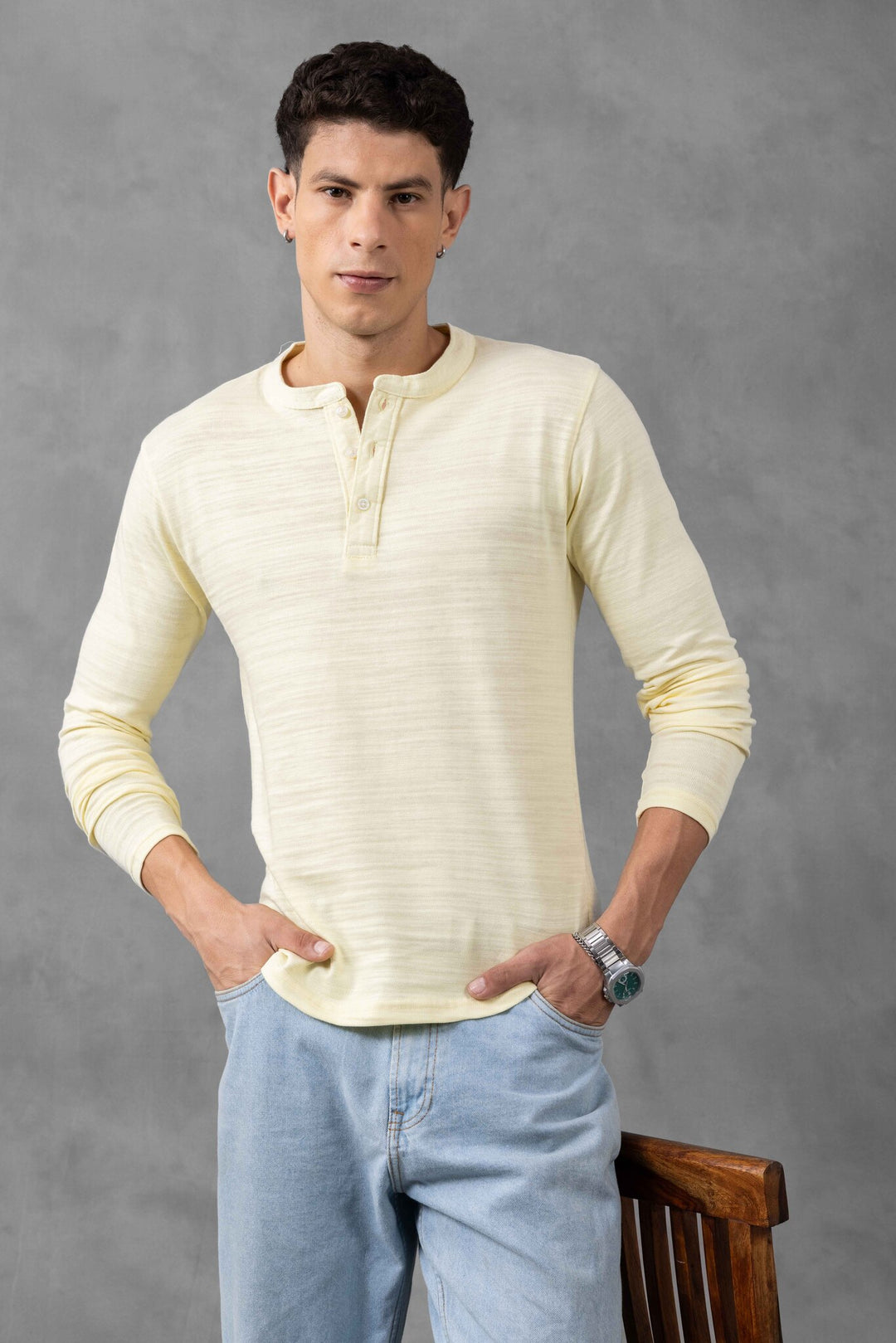 Yellow Self Design Henley Neck T-Shirt
