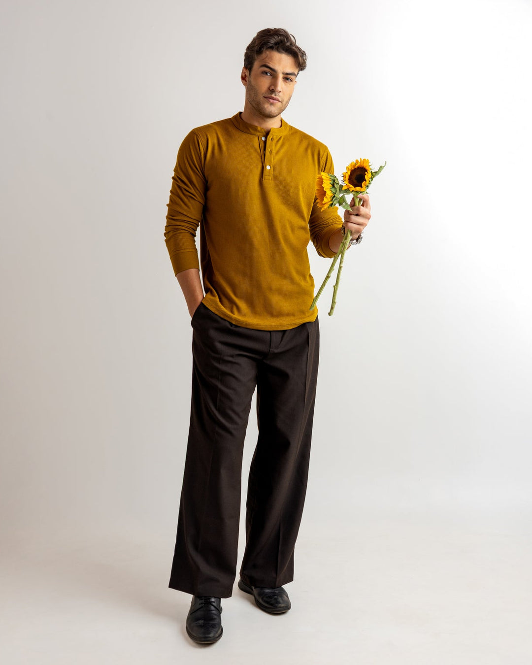 Mustard Waffle Knit Henley Neck T-Shirt