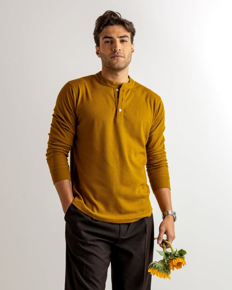 Mustard Waffle Knit Henley Neck T-Shirt