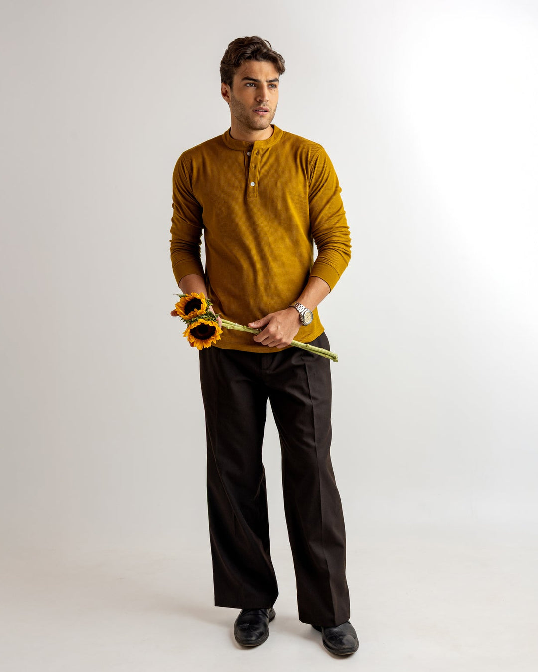 Mustard Waffle Knit Henley Neck T-Shirt