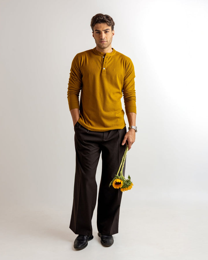 Mustard Waffle Knit Henley Neck T-Shirt