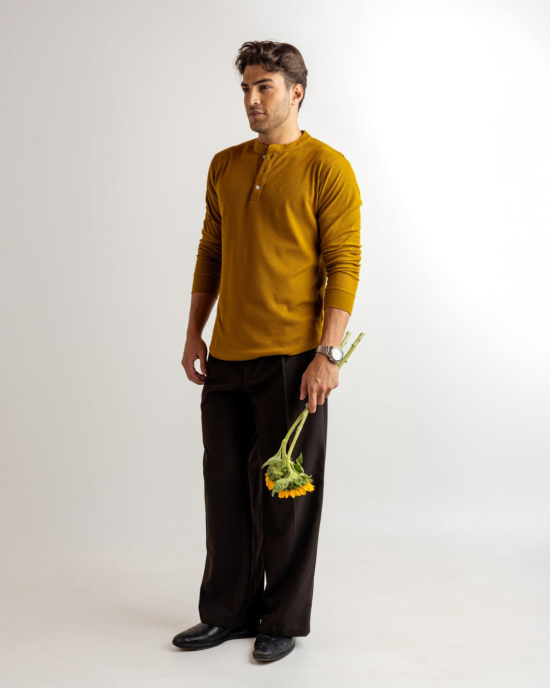Mustard Waffle Knit Henley Neck T-Shirt