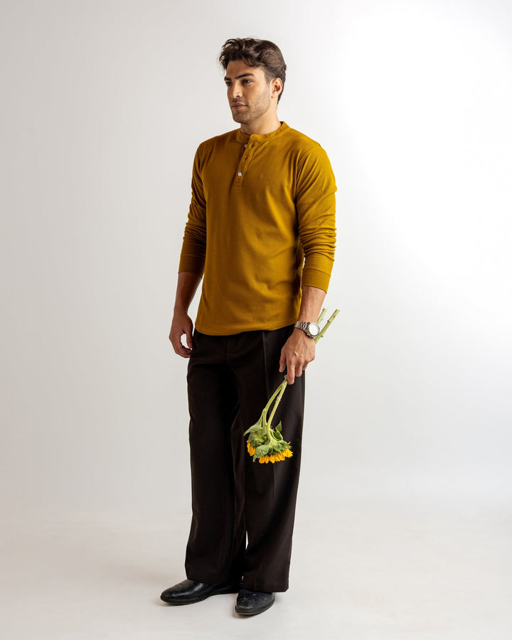Mustard Waffle Knit Henley Neck T-Shirt