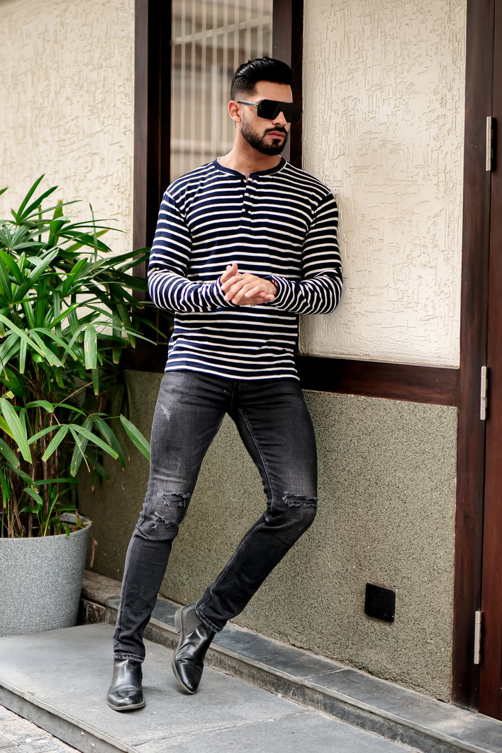 Black Stripes Henley Neck T-Shirt