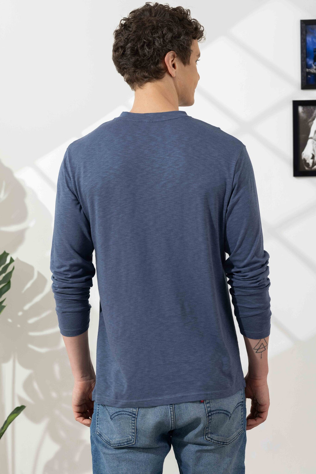 Blue Cotton Slub Open Henley T-Shirt