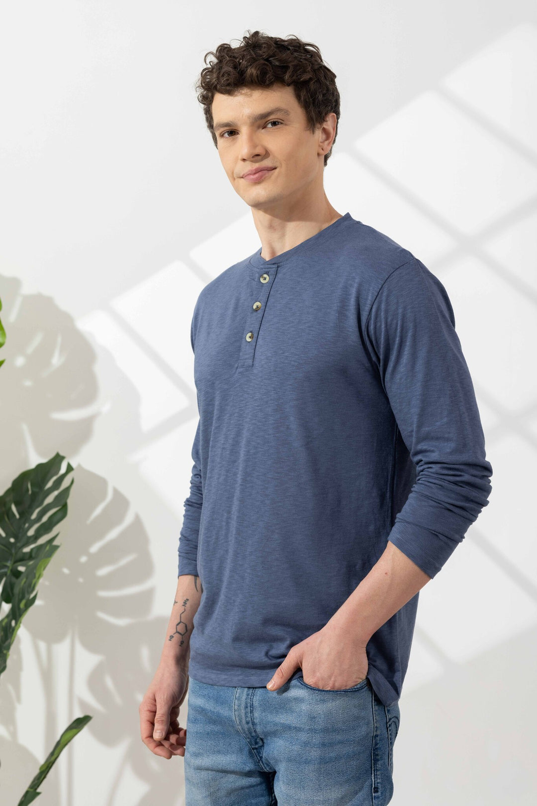 Blue Cotton Slub Open Henley T-Shirt