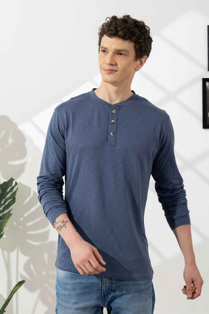 Blue Cotton Slub Open Henley T-Shirt