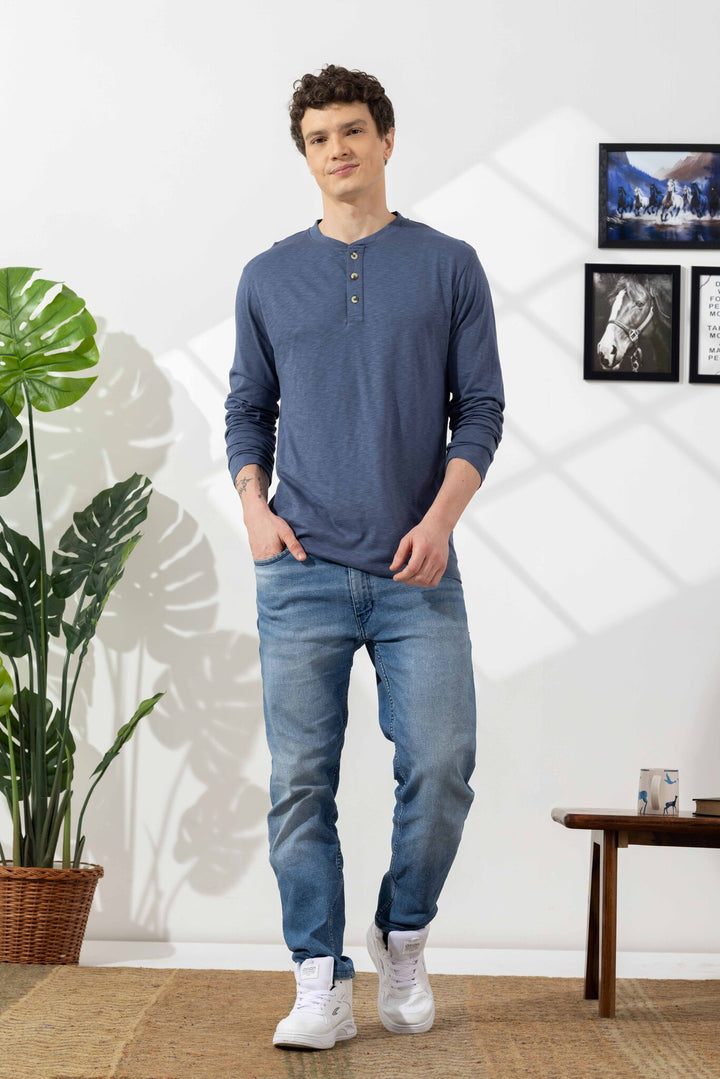 Blue Cotton Slub Open Henley T-Shirt