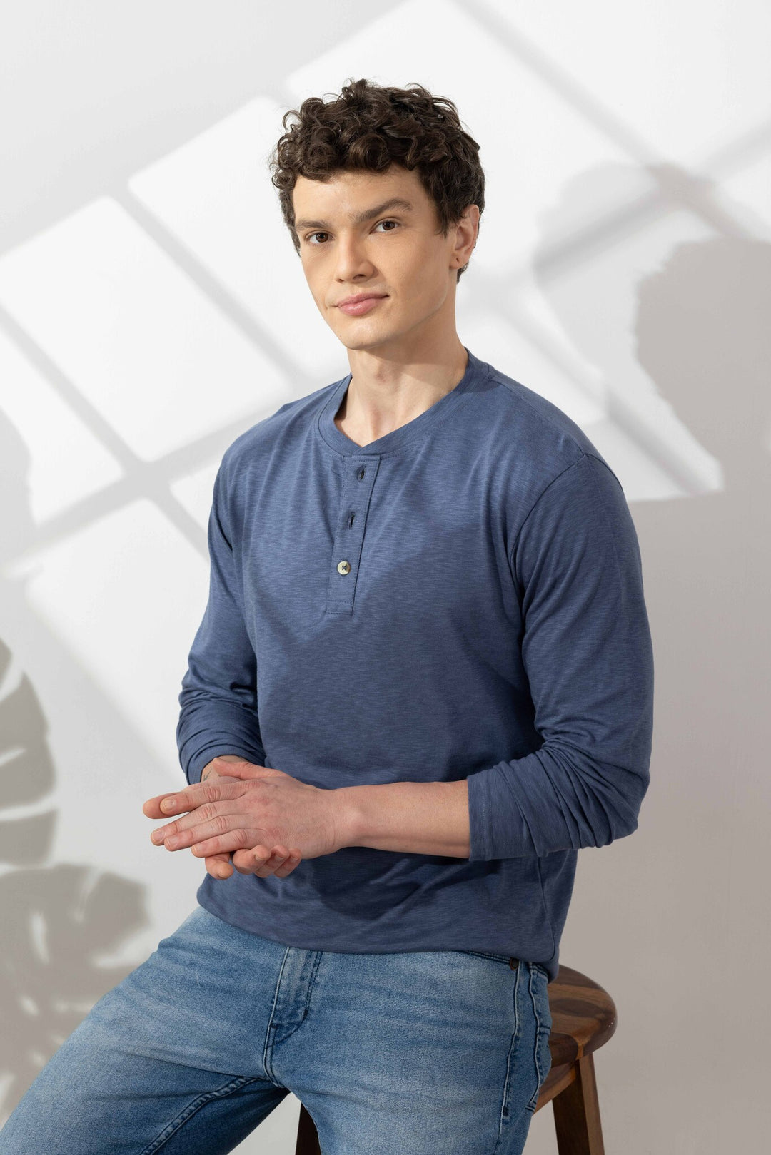 Blue Cotton Slub Open Henley T-Shirt