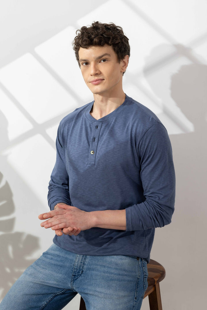 Blue Cotton Slub Open Henley T-Shirt