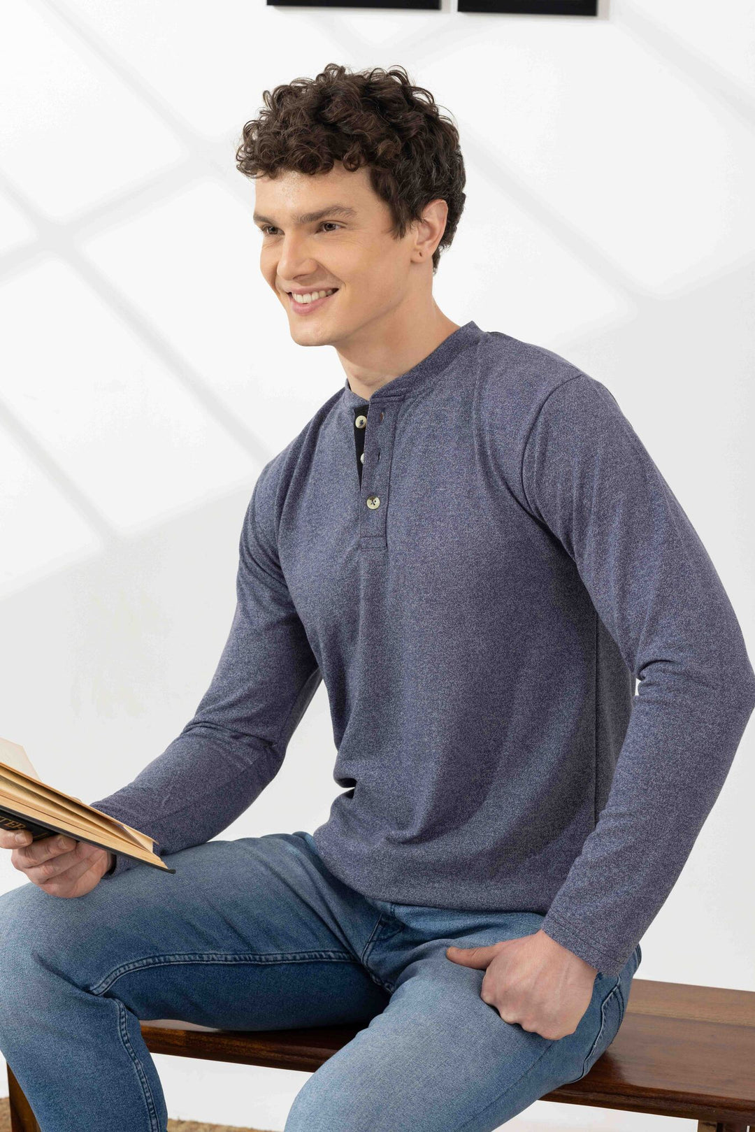Blue Cotton Slub Open Henley T-Shirt