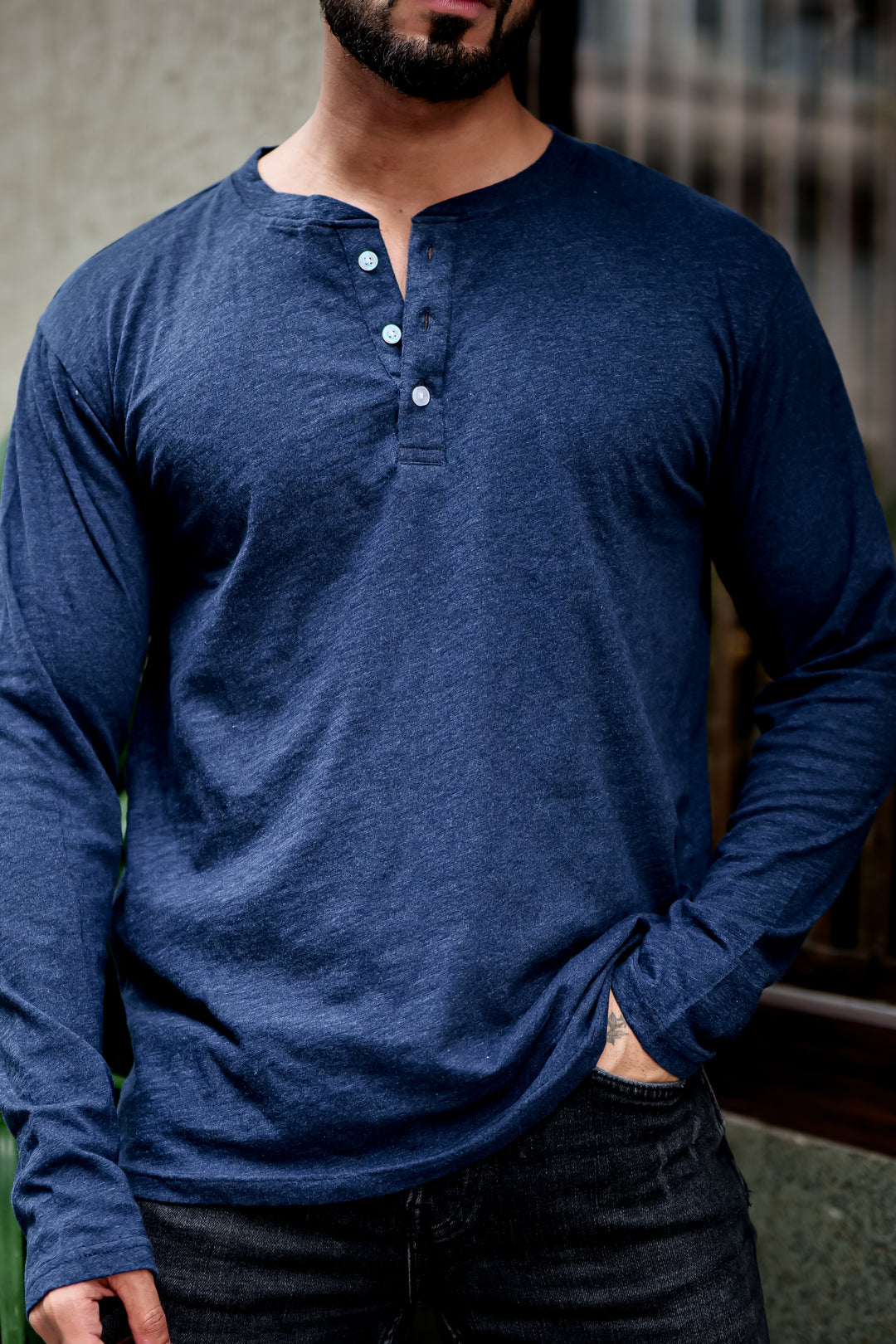 Navy Blue Self Design Henley Neck T-Shirt