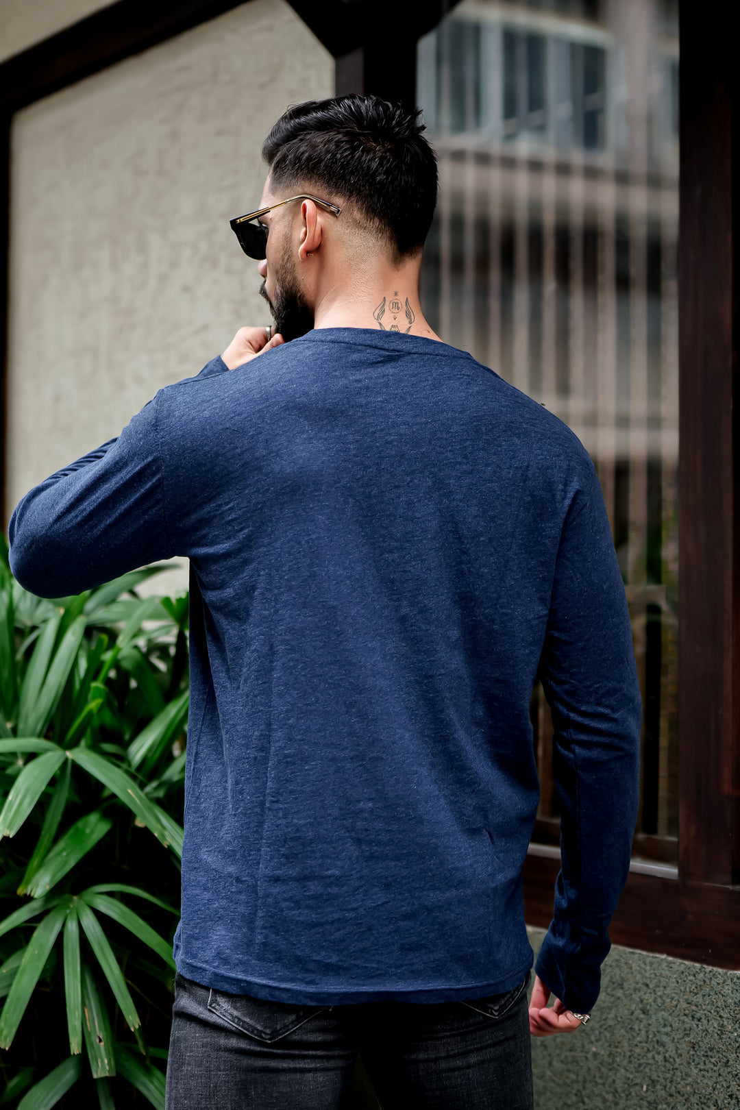 Navy Blue Self Design Henley Neck T-Shirt