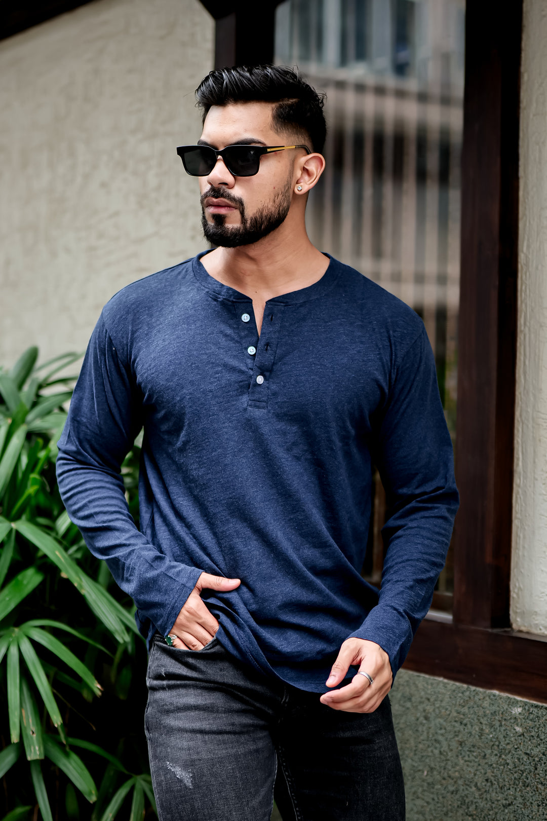 Navy Blue Self Design Henley Neck T-Shirt