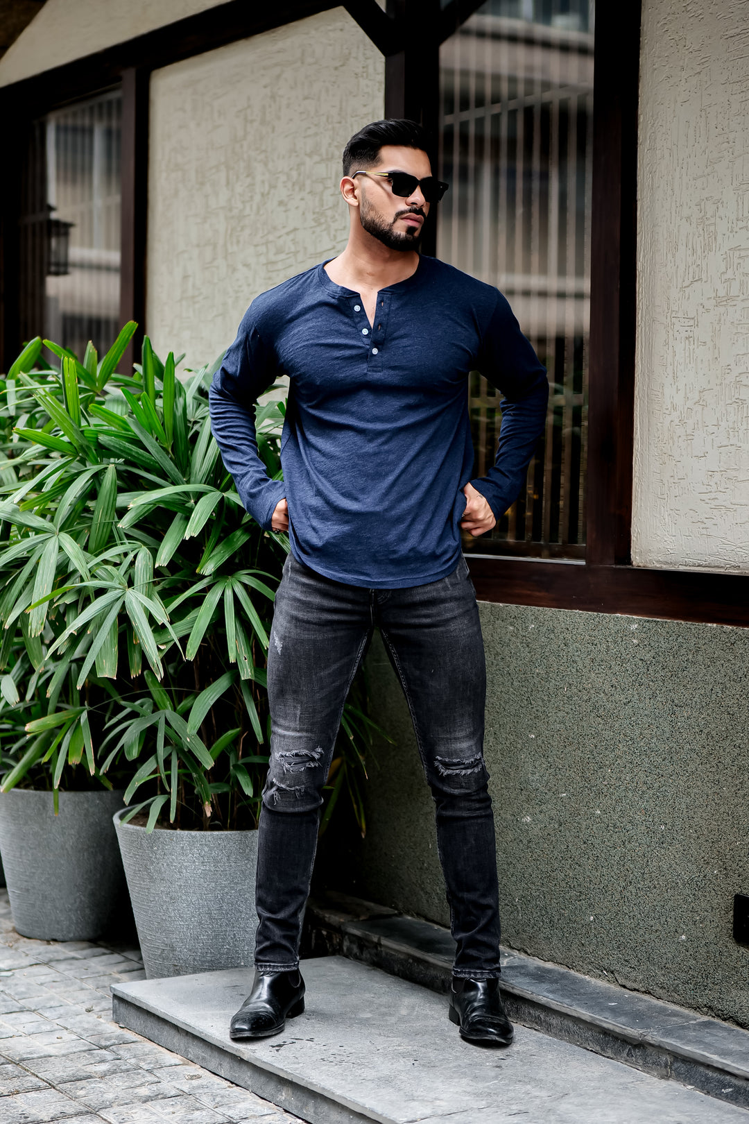 Navy Blue Self Design Henley Neck T-Shirt