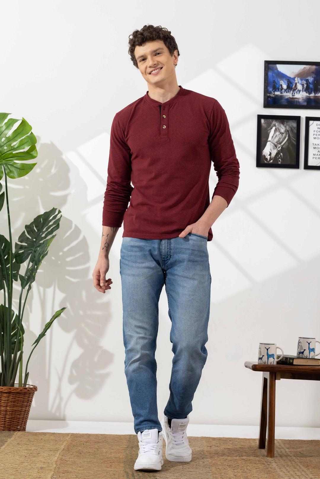 Maroon Tinted Self Design Henley T-Shirt