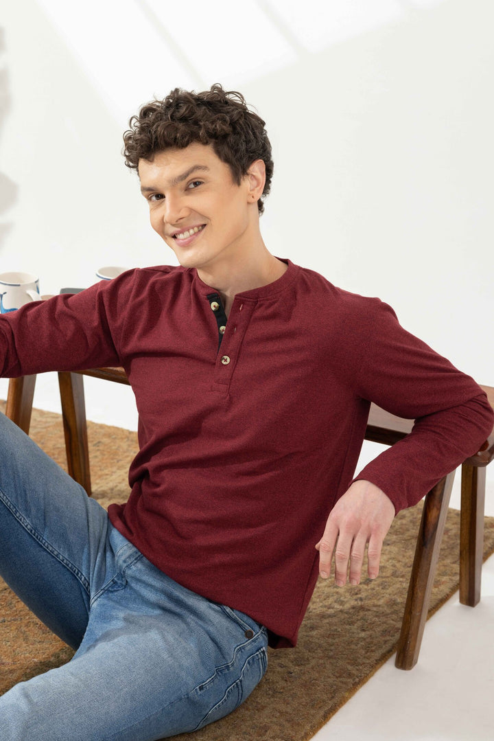 Maroon Tinted Self Design Henley T-Shirt