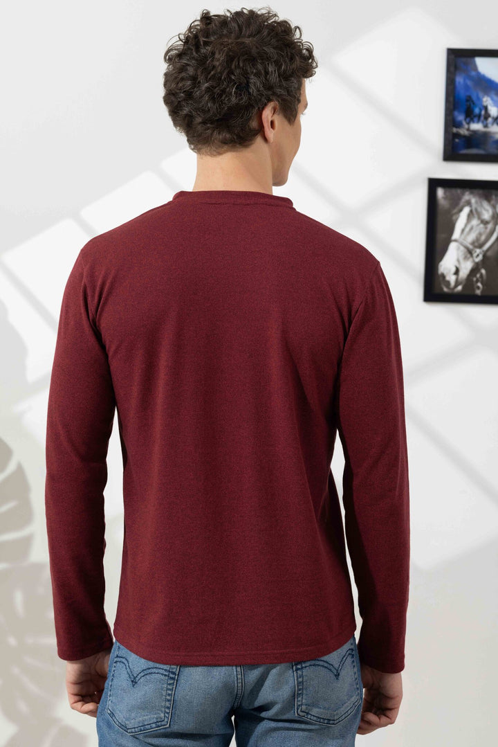 Maroon Tinted Self Design Henley T-Shirt