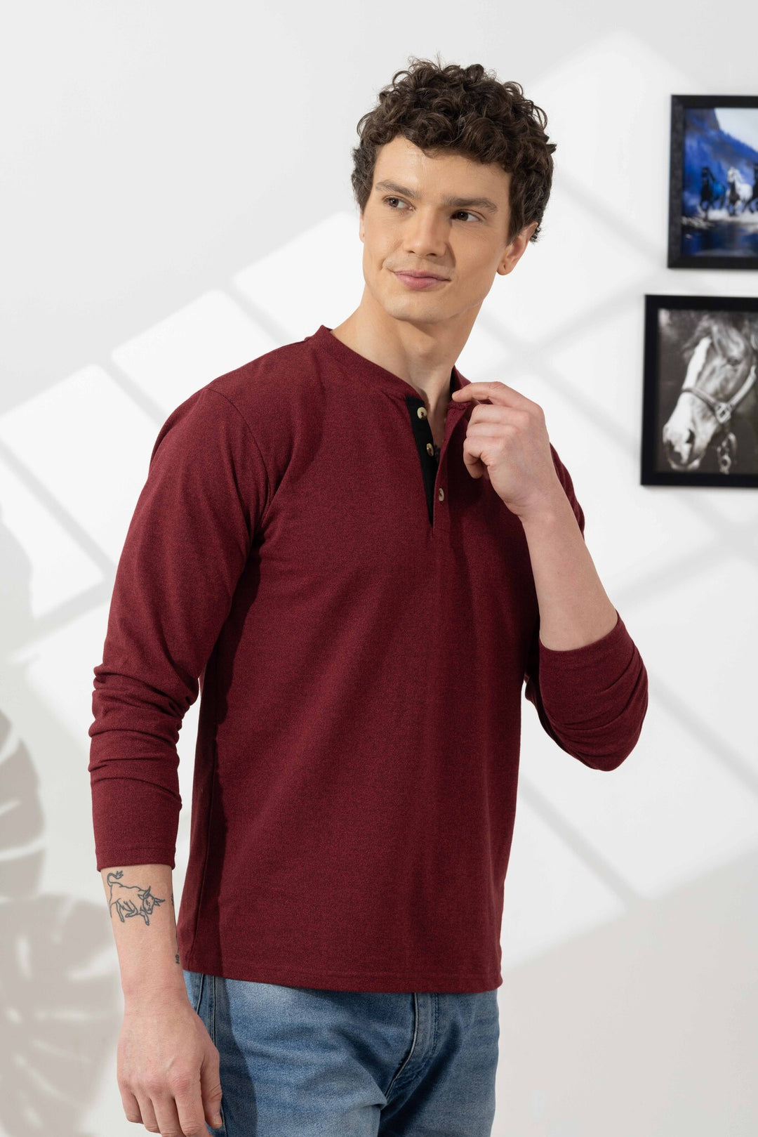 Maroon Tinted Self Design Henley T-Shirt