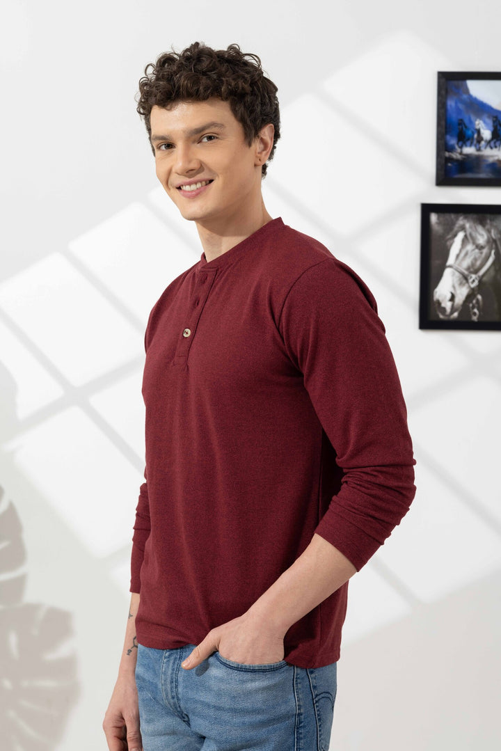Maroon Tinted Self Design Henley T-Shirt