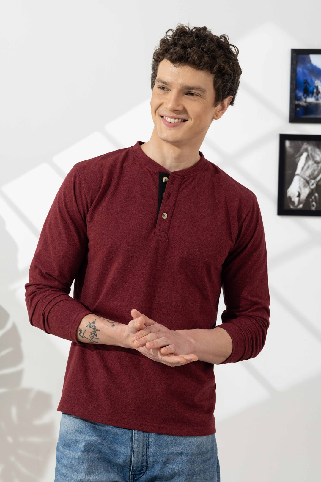 Maroon Tinted Self Design Henley T-Shirt