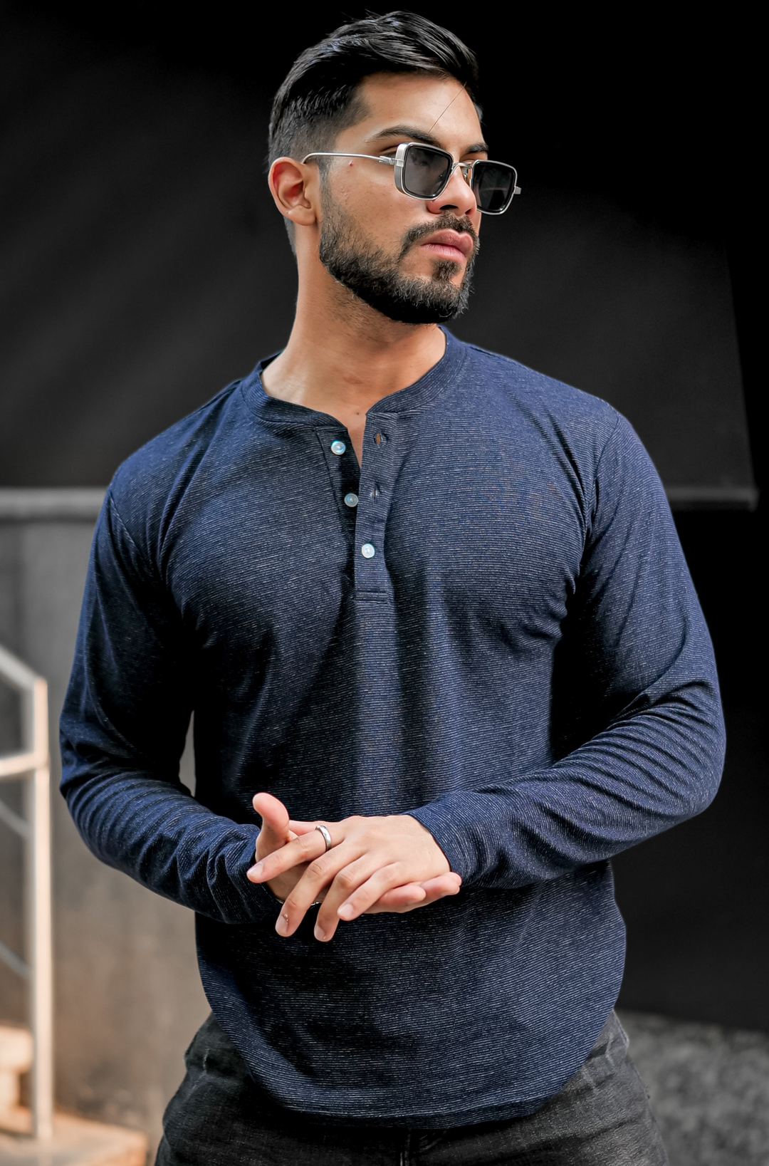 Navy Self Design Henley T-Shirt