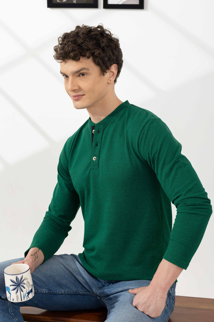 Green Cotton Full Sleeve Henley T-Shirt