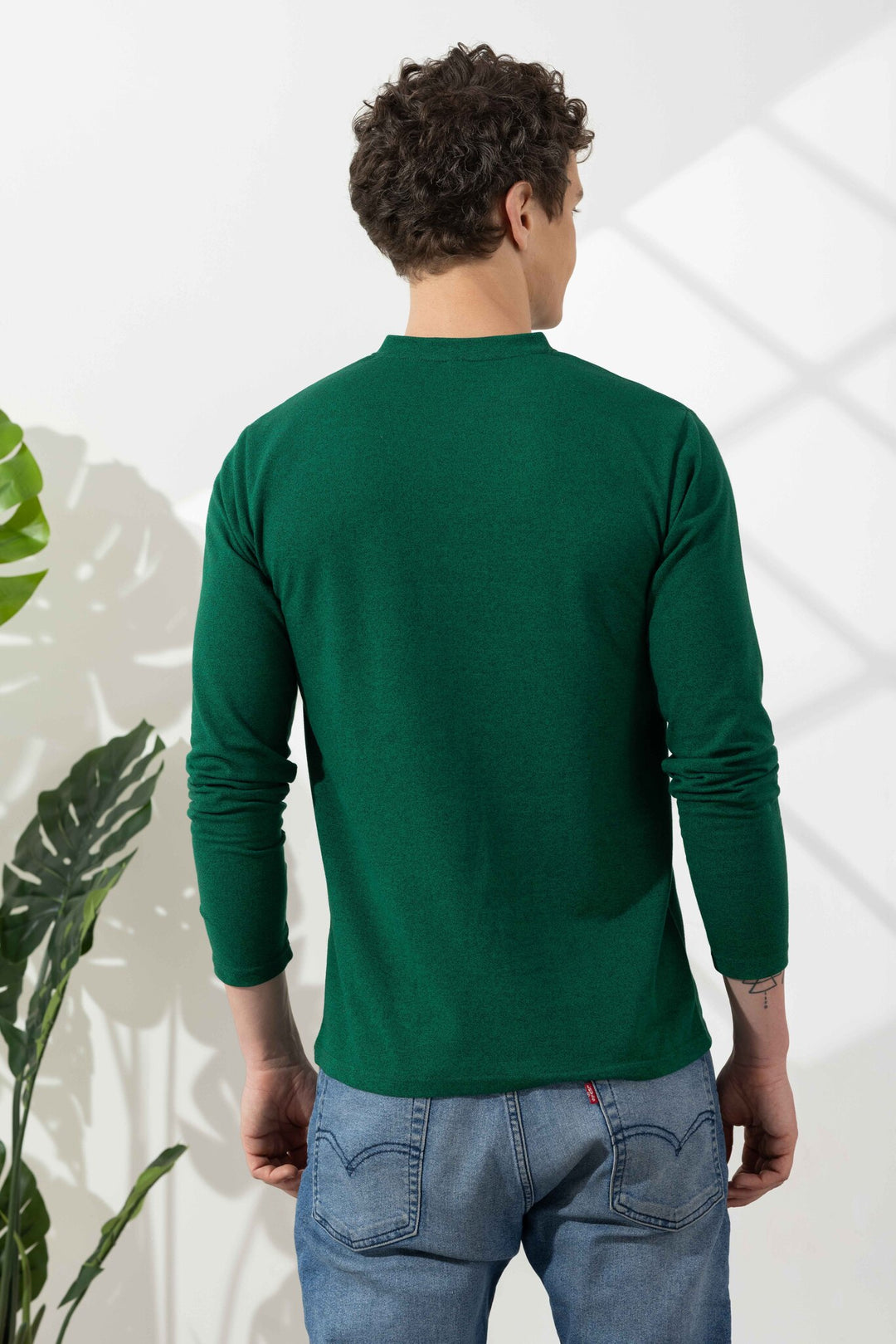 Green Cotton Full Sleeve Henley T-Shirt