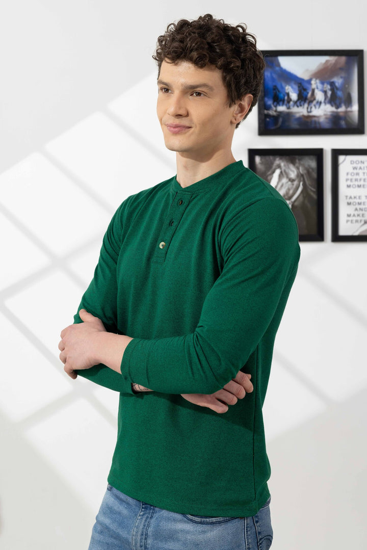 Green Cotton Full Sleeve Henley T-Shirt