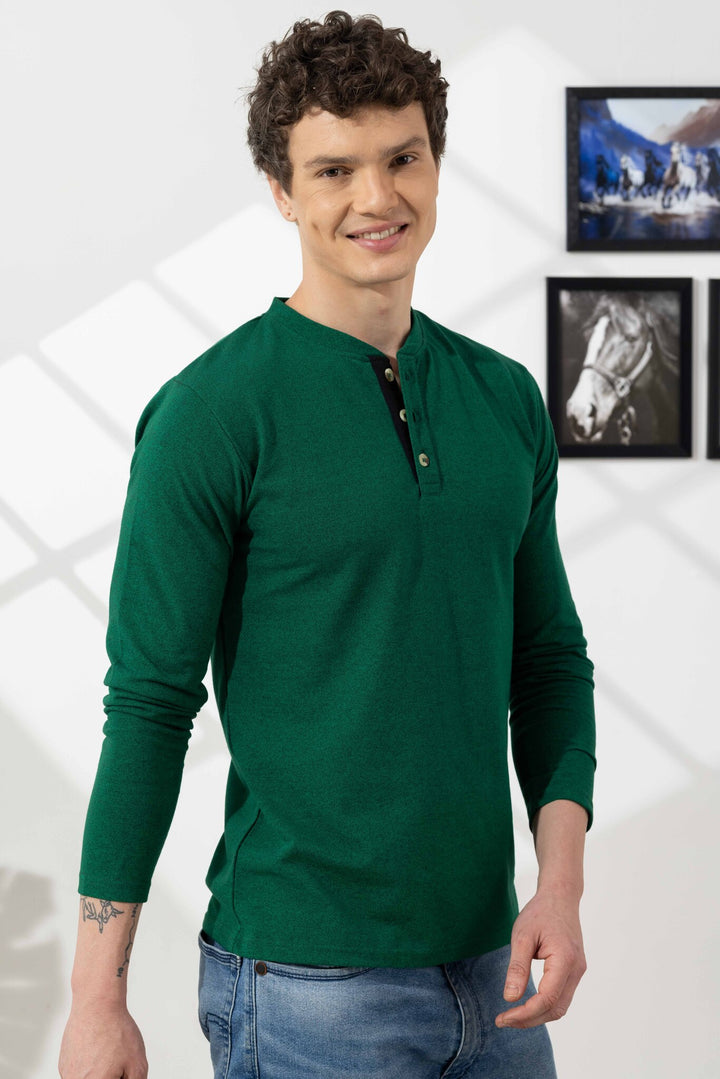 Green Cotton Full Sleeve Henley T-Shirt