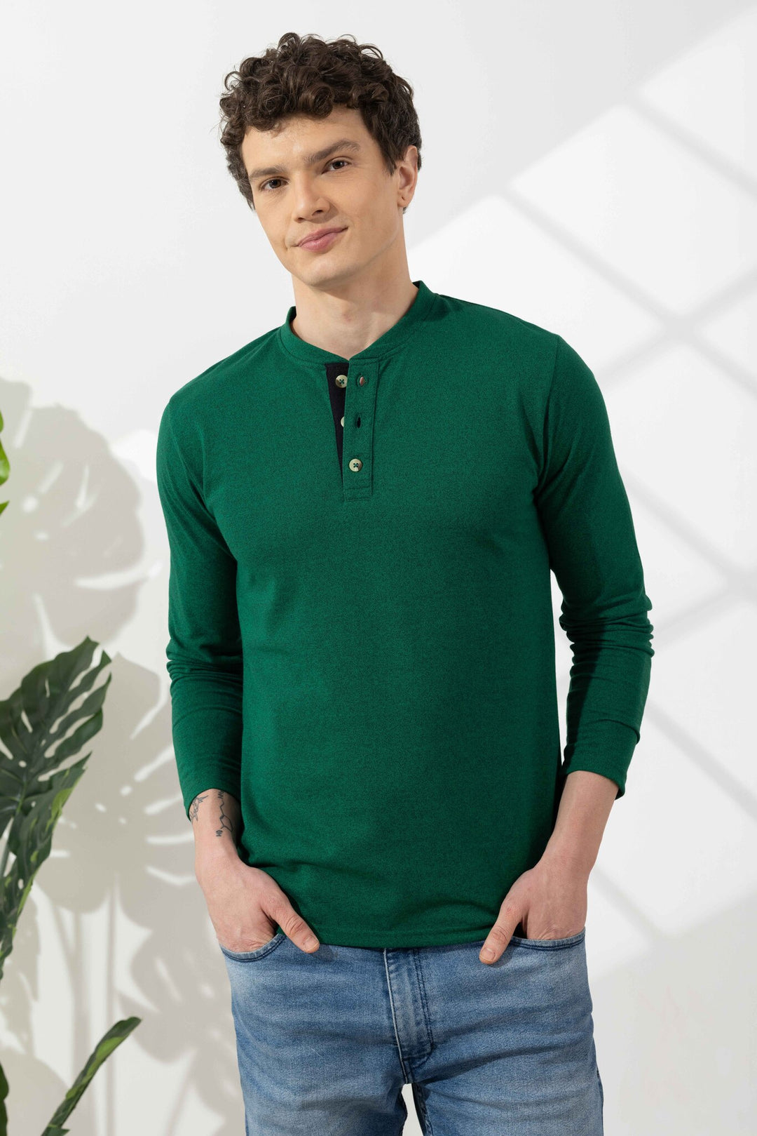Green Cotton Full Sleeve Henley T-Shirt