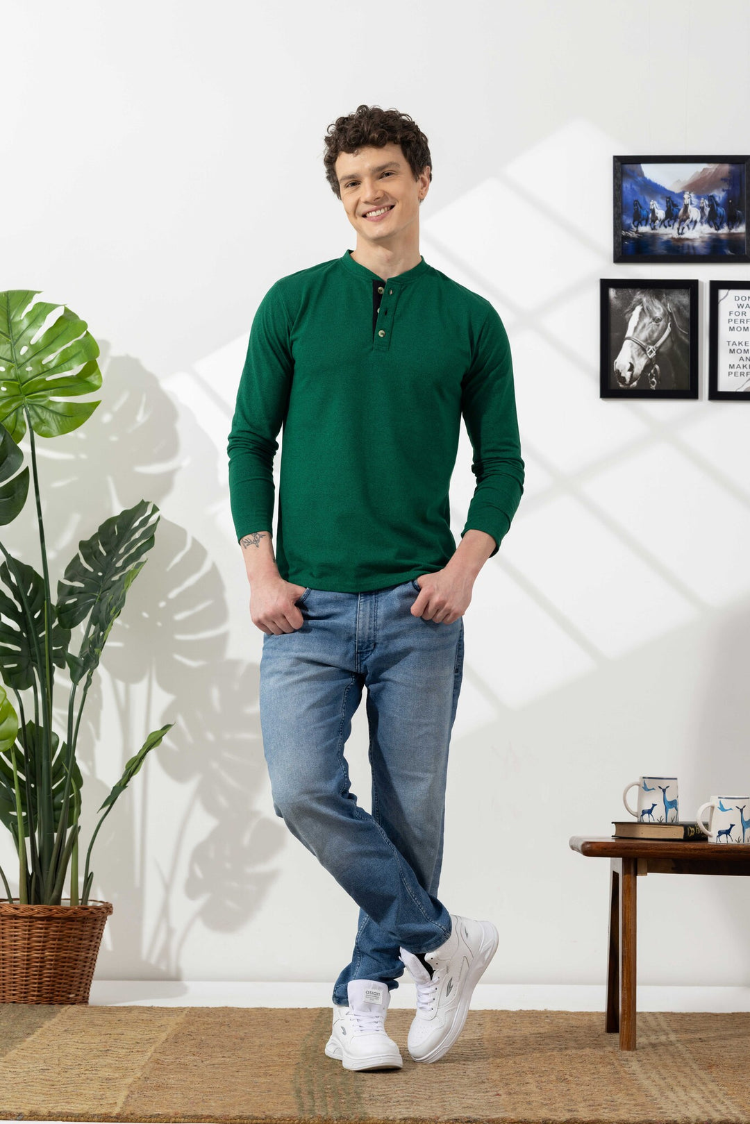 Green Cotton Full Sleeve Henley T-Shirt