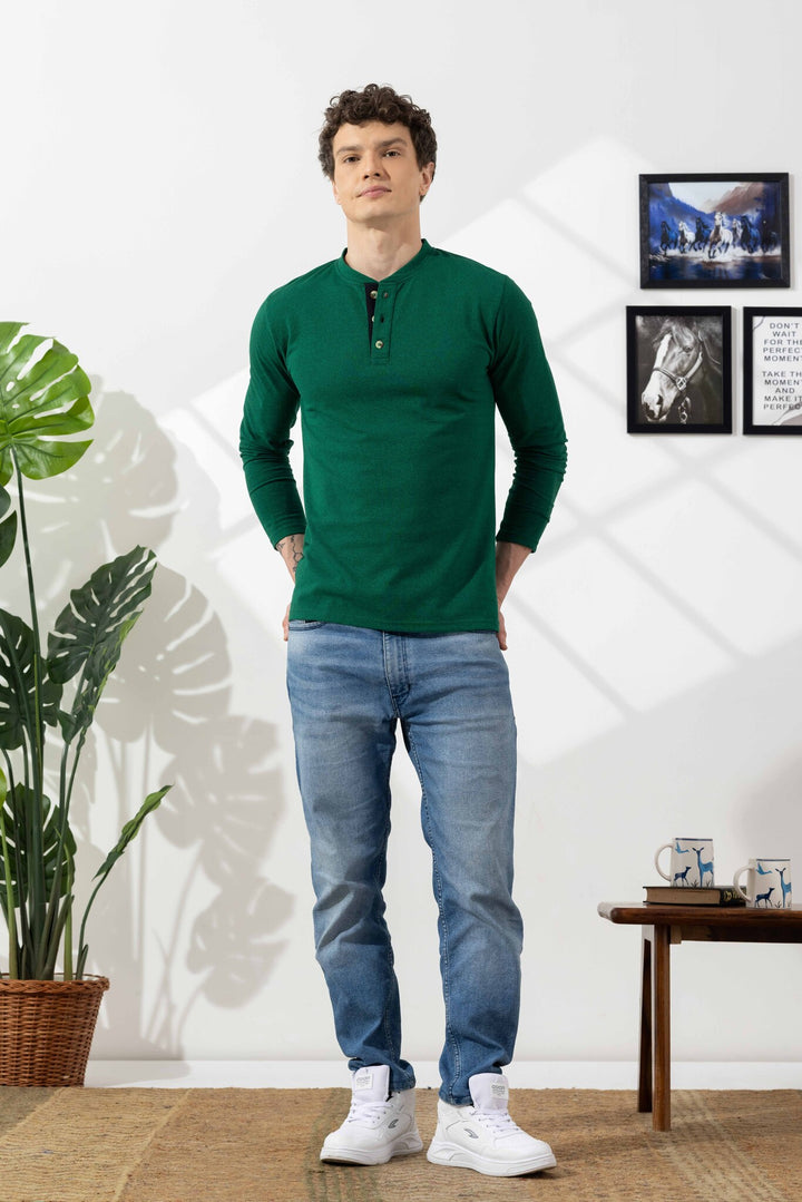Green Cotton Full Sleeve Henley T-Shirt