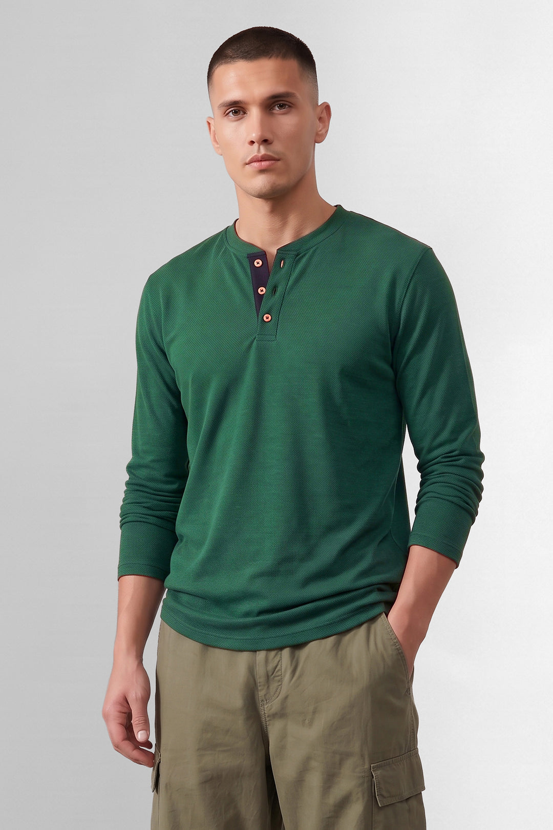 Bottle Green Full Sleeve Henley Neck Cotton T-Shirt