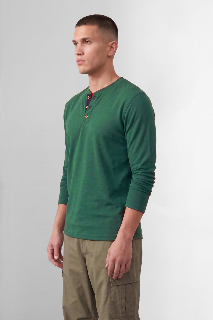 Bottle Green Full Sleeve Henley Neck Cotton T-Shirt