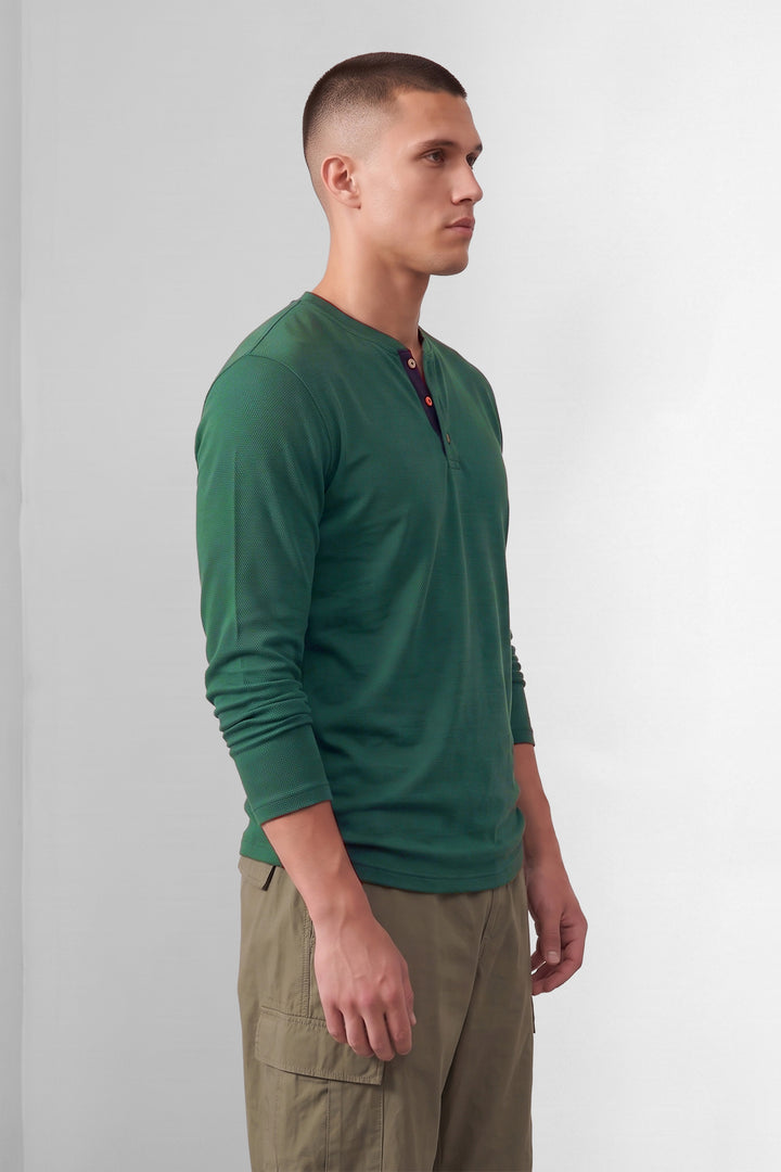 Bottle Green Full Sleeve Henley Neck Cotton T-Shirt